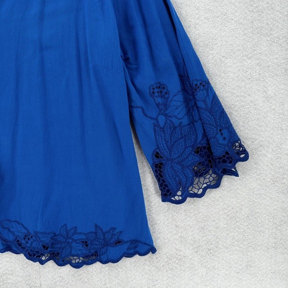Soft Surroundings Blouse Womens‎ SMALL Blue Embroidery 3/4 Sleeve Button Rayon - Picture 6 of 14